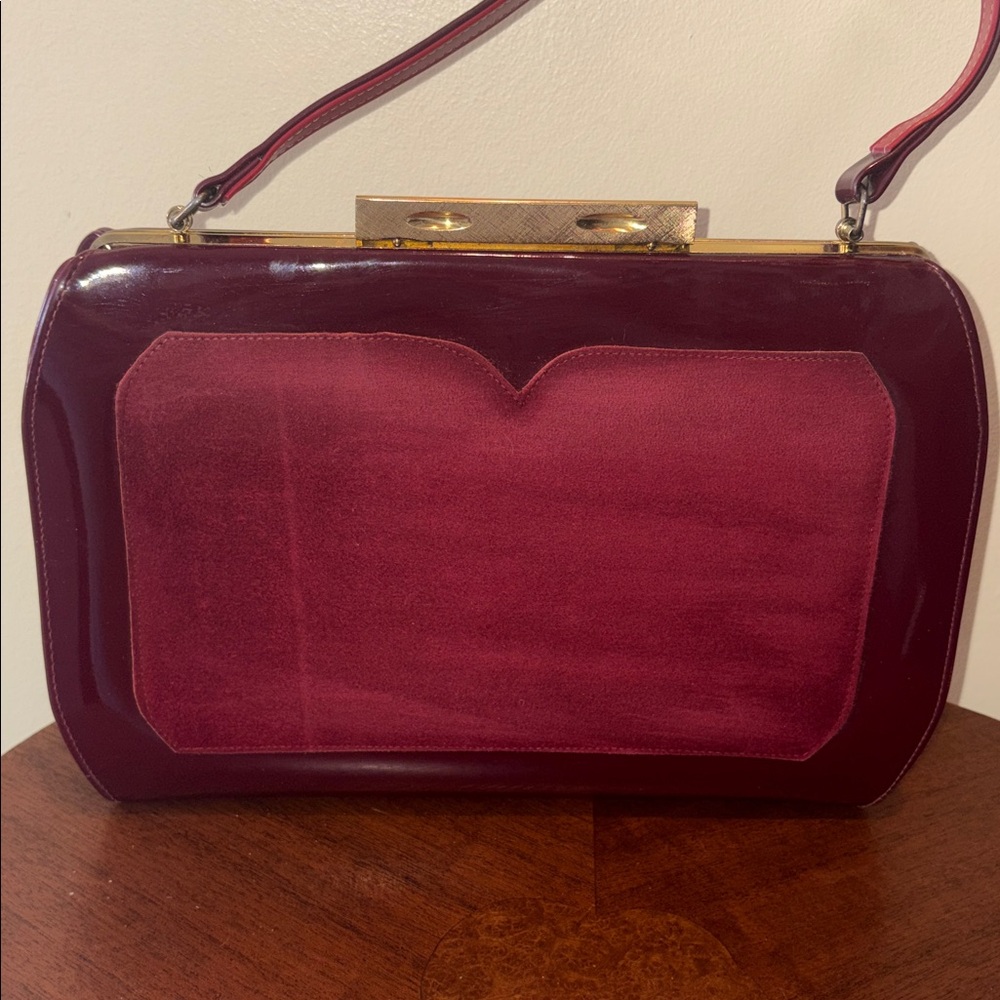 Town & Country Vintage 50’s Satchel Shoulder bag  burgundy red wine Suede Patent